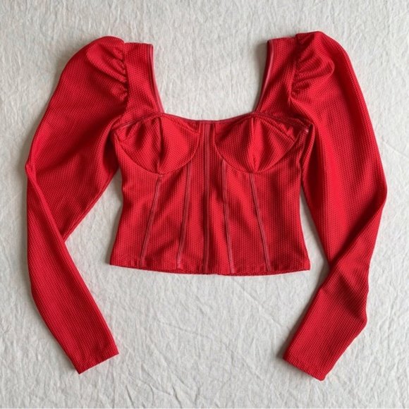 Guess Tops - Y2k Guess red puff sleeve mesh bustier crop top